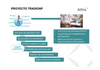 PROYECTO TRADIONP 
 PROTOTIPO DE SISTEMA EXPERTO 
 ALGORTIMOS DE COMBINACION E 
INFORMACION 
 BBDD CON DATOS CLINICOS Y 
MOLECULARES ENTRELAZADOS 
Terapias Imágenes 
Datos 
Informes 
mutaciones 
marcadores 
pruebas 
biopsias 
ESTUDIO RETROSPECTIVO 
SELECCIÓN DE PACIENTES 
DATOS CLINICOS CLAVES 
INFORMACION MOLECULAR 
DISEÑO DE ALGORITMOS 
COMITÉ 
CIENTÍFICO 
BASE DATOS MULTIMODAL 
 