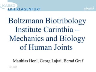 Boltzmann Biotribology Institute Carinthia – Mechanics and Biology of Human Joints  Matthias Honl, Georg Lajtai, Bernd Graf 