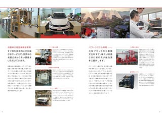 8 9
すぐれた 技 術 力ときめ細
かなサービスで、
世界中の
お 客さまから高 い 評 価を
いただいています。
自動車生産設備機器事業
自動 車 生 産 設 備 機 器としてタイヤ組 立
装 置 、
液 物 真 空 充 填 装 置 、
完 成 車 テス
ターライン設備を主に取り扱い、
自動車
メーカー等に納入しています。
技術力の
高さときめ細かいサ ービス対 応が評 価
されており、
国内の工場だけでなく海外の
工場にも数多く採用いただいています。
生 産 効 率 向 上 、
品 質 向 上 並 びにコスト
削減といった多様なニーズに応える提案
力と共に、
品 質 面 でも お 客 さまに高 い
満足度を提供いたします。
タイヤとホイー ルを自動組付けする装置で、
高 剛 性 タイ ヤ からテンポラリー タイ ヤまで
ワイドレンジ対 応が可 能 、
軽自動 車から大 型
トラック用まで対応可能です。
また、
設備前後
の 搬 送 装 置 及びバランス測 定 工 程までシス
テム提供いたします。
高速で処理し安全性にも
実績を積んだ高性能な設備で省力化
・
省人化
に貢献します。
タイヤ組立装置
車両ブレーキ、
クラッチシステム、
冷却システム
などにブレー キ 液や 冷 却 液を真 空 充 填 する
と同 時 にシステム 内 の 気 密 試 験 を 行 い 、
各
システムの品質向上に貢献、
省人効果が図れ、
コ スト 抑 制 に 役 立 ち ま す 。
汎 用 ロ ボット を
利用し全自動化することも可能です。
車 両 の 走 行 系 統 の 各 種 検 査・調 整 の ため の
ホイ ー ル アライメント、
サ イドスリップ テス
タ ー 、
フリー ロ ー ラ ー テ ス タ ー 、
ブレ ー キ
テスタ ー 、
ヘッドライトテスタ ー などの テス
タ ー 装 置 で す 。
長 年 の 経 験とお 客 さまとの
共 同 開 発 で 培った ノウ ハ ウ を 元 に 、
安 全・
安心
・
高性能な商品を提供しています。
液物真空充填装置
テスター装置
大 型 プ ラ ント か ら 重 要
文 化 財まで 。
幅 広 い お 客
さ ま に 質 の 高 い 動 力 源
をご提 供します 。
パワーシステム事業
パワーシステム事業では、
非常動力装置
や 産 業 用 エンジンを 提 供して います 。
40年以上にわたり、
プラント、
石油コン
ビナート、
病院、
寺社
・
史跡等の重要文化
財 、
大 型 商 業 施 設 向けの消火ポンプや
一 般ポンプ駆 動 用に動力装置
（ パワ ー
ユニット）
を販 売しています 。
消防設備
に用 いられる非 常 動 力 装 置 は 、
（ ー 社 ）
日本内燃力発電設備協会の認定を取得
しています。
また空調
（GHP）
用ガスエン
ジンや、
特 殊 車 両 用 に 産 業 エンジン の
ユニット架装品を販売しています。
非 常 時に使 用 するポンプ の 動 力
装 置 や 発 電 機 を お 客 さまのご要
望に沿ってパッケージングや自動
化 改 造 を 行 い 販 売して い ま す 。
① 静かな 運 転 ② 確 実 な 始 動 性 能
③ 据 付 簡 単 な ユ ニ ット タ イ プ
④点検
・
修理が容易⑤迅速で安心
なサ ービス体 制を特 長とし、
プラ
ントや 石 油 コ ンビ ナ ート 、
寺 社・
史跡等の重要文化財等多くのお客
さまから長年の信頼と好評を得て
います。
非常動力装置
自 動 車 用 エンジンを 空 調 用 ガス
エ ン ジ ン
（ ＧＨＰ）
や 、
起 動 モ ー
タ ーカー などの 各 種 産 業 用 エン
ジンとして提 供しています。
用 途
別に自動化改造や仕様変更を施し
幅 広 い ニ ー ズに お 応 えすると共
に 、
効 率 的 か つ 高 性 能 で 信 頼 度
の高い動力源を提供しています。
産業用エンジン
 