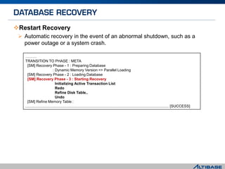 Restart Recovery
 Automatic recovery in the event of an abnormal shutdown, such as a
power outage or a system crash.
………
TRANSITION TO PHASE : META
[SM] Recovery Phase - 1 : Preparing Database
: Dynamic Memory Version => Parallel Loading
[SM] Recovery Phase - 2 : Loading Database
[SM] Recovery Phase - 3 : Starting Recovery
Initializing Active Transaction List
Redo
Refine Disk Table..
Undo
[SM] Refine Memory Table :
........................................................................................................................................ [SUCCESS]
 