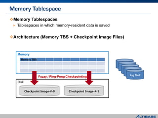 Memory Tablespaces
 Tablespaces in which memory-resident data is saved
Architecture (Memory TBS + Checkpoint Image Files)
log file#
log file#
log file#
log file#
log file#
Checkpoint Image-#-0 Checkpoint Image-#-1
Disk
Memory
Fuzzy / Ping-Pong Checkpointing
Memory TBS
 