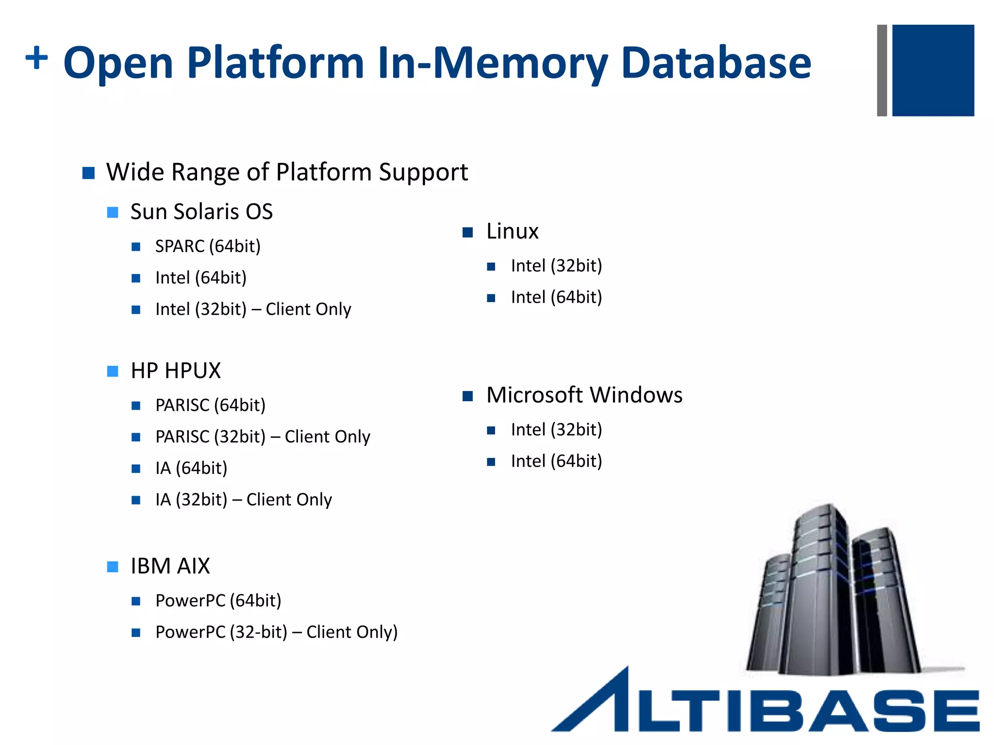 + Solution Altibase HybridDB was a perfect fit for this specific set of problems:  The ability to store, write, and retrieve data directly from memory tables completely resolved all issues regarding lag due to detection and storage.  With an exponentially larger amount of speed available, KT was able to expand their applications to detect more kinds of threats in realtime.  HDB’s hybrid functionality also provided KT with the ability to store all of the gathered data permanently on disk, thus allowing them to use the historical data to increase preemptive detection based on past threats 