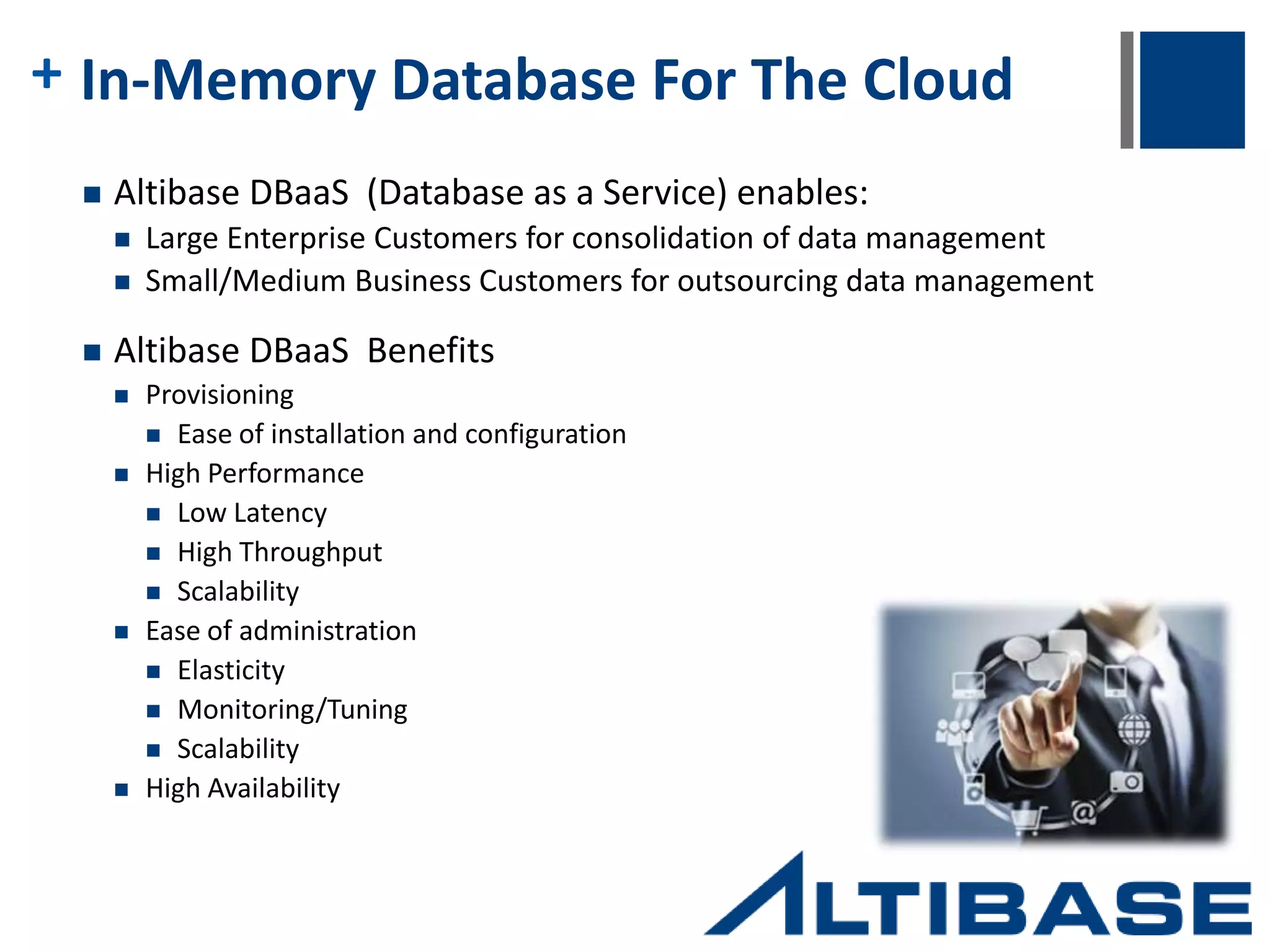 + Results  KT was empowered with the ability to analyze data in real-time and react accordingly.  KT has profited from ALTIBASE HDB’s Hybrid architecture capitalizing on in-memory storage for frequently accessed, current data while keeping less active, historical data on-disk.  KT’s reputation, bolstered by unilateral increases in customer satisfaction, loyalty, attraction and retention, is at an all-time high.  KT was able to move away from batch processing to real-time processing.  ALITBASE HDB’s built-in replication feature and resultant Active-Standby system allowed KT to deliver real-time and non-stop service.  The number of active servers has been reduced to 4 from over 20 servers.  System resource usage is down by 65%.  By using the parallel architecture model, on-demand system expansion became a reality. 