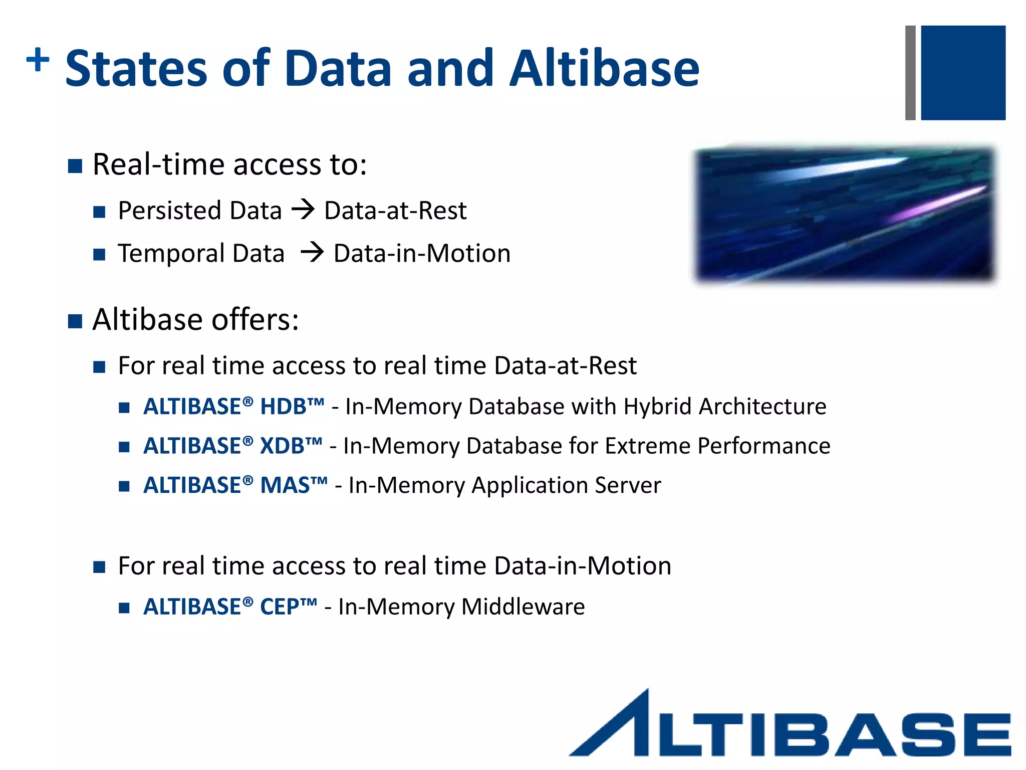+ Results  The number of active servers was reduced from 30 to 4.  System resource usage decreased by 73%. Active demand on the system was reduced to 15% from 88%.  KT’s IT spending was reduced significantly, while performance and system availability was dramatically increased.  KT’s reputation, bolstered by unilateral increases in customer satisfaction, loyalty, attraction, and retention, is at an all-time high.  KT’s processing speed was increased by over 600%. Before deploying ALTIBASE HDB, processing speeds were 100 transactions per second. HDB was able to deliver over 600 TPS.  Even in the event of an unexpected server crash, KT provides uninterrupted service due to HDB’s built-in replication. 
