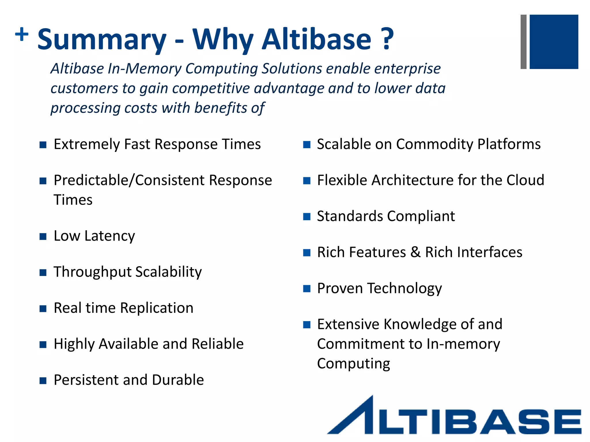 + Solution  Realizing that the root cause of its performance failures stemmed from the pervasive limitations of its traditional on-disk DBMS, NH deployed ALTIBASE HDB’s In-Memory database to enhance its accounting processing system.  ALTIBASE HDB resolved NH’s large volume data management deficiencies, shortening office hours, increasing worker productivity and reducing spend.  The Hybrid architecture of HDB provided NH with the ability to process data in real-time while meeting governmental data storage requirements on disk. 