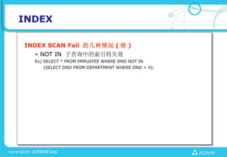 INDEX

INDEX SCAN Fail ļ (  )
  ? NOT IN ӲѯеʧЧ
  Ex) SELECT * FROM EMPLOYEE WHERE DNO NOT IN
     (SELECT DNO FROM DEPARTMENT WHERE DNO > 4);
 