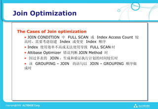 Join Optimization

 The Cases of Join optimization
    ? JOIN CONDITION  FULL SCAN  Index Access Count 
    ʱҪǴ Index  Index ˳
    ? Index ʹЧʲ߻޷ʹõ FULL SCAN ʱ
    ? Altibase Optimizer ж JOIN Method ʱ
    ?  JOIN ɺִ֤мƻʱϳʱ
    ?  GROUPING C JOIN  JOIN C GROUPING ˳
    ʱ
 