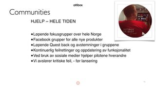HJELP – HELE TIDEN
●Løpende fokusgrupper over hele Norge
●Facebook grupper for alle nye produkter
●Løpende Quest back og a...