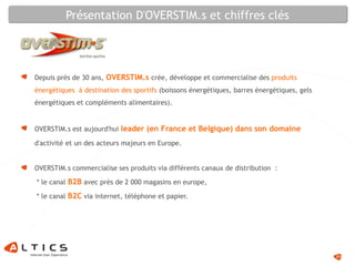 Présentation D'OVERSTIM.s et chiffres clés
Depuis près de 30 ans, OVERSTIM.s crée, développe et commercialise des produits
énergétiques à destination des sportifs (boissons énergétiques, barres énergétiques, gels
énergétiques et compléments alimentaires).
OVERSTIM.s est aujourd'hui leader (en France et Belgique) dans son domaine
d'activité et un des acteurs majeurs en Europe.
OVERSTIM.s commercialise ses produits via différents canaux de distribution  :
 * le canal B2B avec près de 2 000 magasins en europe,
 * le canal B2C via internet, téléphone et papier.
29
 