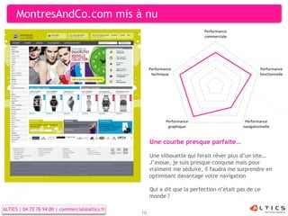 MontresAndCo.com mis à nu
                                                                            Performance
                                                                            commerciale




                                                      Performance                                    Performance
                                                       technique                                     fonctionnelle




                                                              Performance                    Performance
                                                               graphique                    navigationnelle


                                                      Une courbe presque parfaite…

                                                      Une silhouette qui ferait rêver plus d’un site…
                                                      J’avoue, je suis presque conquise mais pour
                                                      vraiment me séduire, il faudra me surprendre en
                                                      optimisant davantage votre navigation

                                                      Qui a dit que la perfection n’était pas de ce
                                                      monde ?

ALTICS | 04 72 76 94 00 | commercial@altics.fr
                                                 10
 