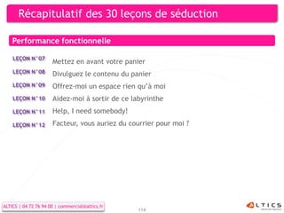 Récapitulatif des 30 leçons de séduction

    Performance fonctionnelle

    LEÇON N°07
                      Mettez en avant votre panier
    LEÇON N°08        Divulguez le contenu du panier
    LEÇON N°09        Offrez-moi un espace rien qu’à moi
    LEÇON N°10        Aidez-moi à sortir de ce labyrinthe
    LEÇON N°11        Help, I need somebody!
    LEÇON N°12        Facteur, vous auriez du courrier pour moi ?




ALTICS | 04 72 76 94 00 | commercial@altics.fr
                                                 114
 