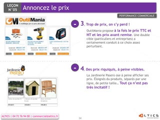 LEÇON
     N°05        Annoncez le prix
                                                                                 PERFORMANCE COMMERCIALE


                                                 -    3. Trop de prix, on s’y perd !
                                                          OutilMania propose à la fois le prix TTC et
                                                          HT et les prix avant remise. Une double
                                                          cible (particuliers et entreprises) a
                                                          certainement conduit à ce choix assez
                                                          perturbant.




                                                 -    4. Des prix riquiquis, à peine visibles.
                                                          La Jardinerie Pasero ose à peine afficher ses
                                                          prix. Éloignés du produits, séparés par une
                                                          ligne, de petite taille… Tout ça n’est pas
                                                          très incitatif !




ALTICS | 04 72 76 94 00 | commercial@altics.fr
                                                     34
 