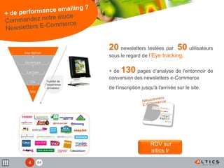 844
20 newsletters testées par 50 utilisateurs
sous le regard de l’Eye tracking.
+ de 130 pages d’analyse de l'entonnoir de
conversion des newsletters e-Commerce
de l'inscription jusqu'à l'arrivée sur le site.
RDV sur
altics.fr
 