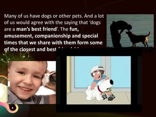 Many of us have dogs or other pets. And a lot of us would agree with the saying that ‘dogs are a man’s best friend’. The fun, amusement, companionship and special times that we share with them form some of the closest and best friendships.