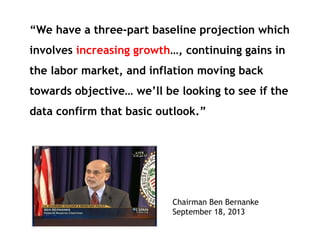 “We have a three-part baseline projection which
involves increasing growth…, continuing gains in
the labor market, and inflation moving back
towards objective… we’ll be looking to see if the
data confirm that basic outlook.”

Chairman Ben Bernanke
September 18, 2013

 