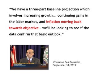 “We have a three-part baseline projection which
involves increasing growth…, continuing gains in
the labor market, and inflation moving back
towards objective… we’ll be looking to see if the
data confirm that basic outlook.”

Chairman Ben Bernanke
September 18, 2013

 
