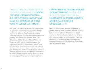 38
For LEGO, this is exactly the case. The company has
mapped two customer journeys, one for children
and one for parents. They focus on developing
touchpoints within each journey while also ensuring
synergy and intersection between them. Lars
Silberbauer, Global Director of Social Media and
Search at LEGO, shared the advantages of the
company’s approach. “Shoppers are not the same
as consumers. Consumers are usually kids without
the ability to buy things. At the same time, we want
them to tell their parents, and we want their parents
to have a good experience as they shop. As a result,
there are two different consumer journeys here.”
Motorola Solutions has invested significantly in
journey mapping, from awareness through advocacy,
to learn how to optimize the customer’s digital
experience. Motorola Solution’s leader for Systems
of Engagement Grant Ferguson explains, “We have
experience to build on, but we continue journey
mapping to help us focus on improving experiences
at every customer stage.”
THE INSIGHTS THAT EMERGE FROM
JOURNEY MAPPING OFTEN INSPIRE
THE DEVELOPMENT OF BOTH A
DIRECT CUSTOMER JOURNEY AND
ALSO THE JOURNEYS OF THOSE
WHO INFLUENCE CUSTOMERS.
COMPREHENSIVE, RESEARCH-BASED
JOURNEY MAPPING INFORMS THE
OUTLINE DEVELOPMENT FOR A
MODERNIZED CUSTOMER JOURNEY
AND DIGITAL CUSTOMER
EXPERIENCE (DCX).
 