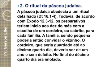 2. O ritual da páscoa judaica.
A páscoa judaica obedecia a um ritual
detalhado (Dt 16.1-4). Todavia, de acordo
com Êxodo 12.3-12, os preparativos
teriam início aos dez do mês com a
escolha de um cordeiro, ou cabrito, para
cada família. A família, sendo pequena
poderia então convidar o vizinho. O
cordeiro, que seria guardado até ao
décimo quarto dia, deveria ser de um
ano e sem defeito. No final do décimo
quarto dia era imolado.
 