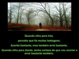 Quando olho para trás,  percebo que fiz muitas bobagens.  Acertei bastante, mas também errei bastante.  Quando olho para diante, tenho certeza de que vou acertar e errar bastante também.  