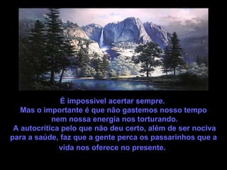 É impossível acertar sempre.  Mas o importante é que não gastemos nosso tempo nem nossa energia nos torturando. A autocrítica pelo que não deu certo, além de ser nociva para a saúde, faz que a gente perca os passarinhos que a vida nos oferece no presente.   
