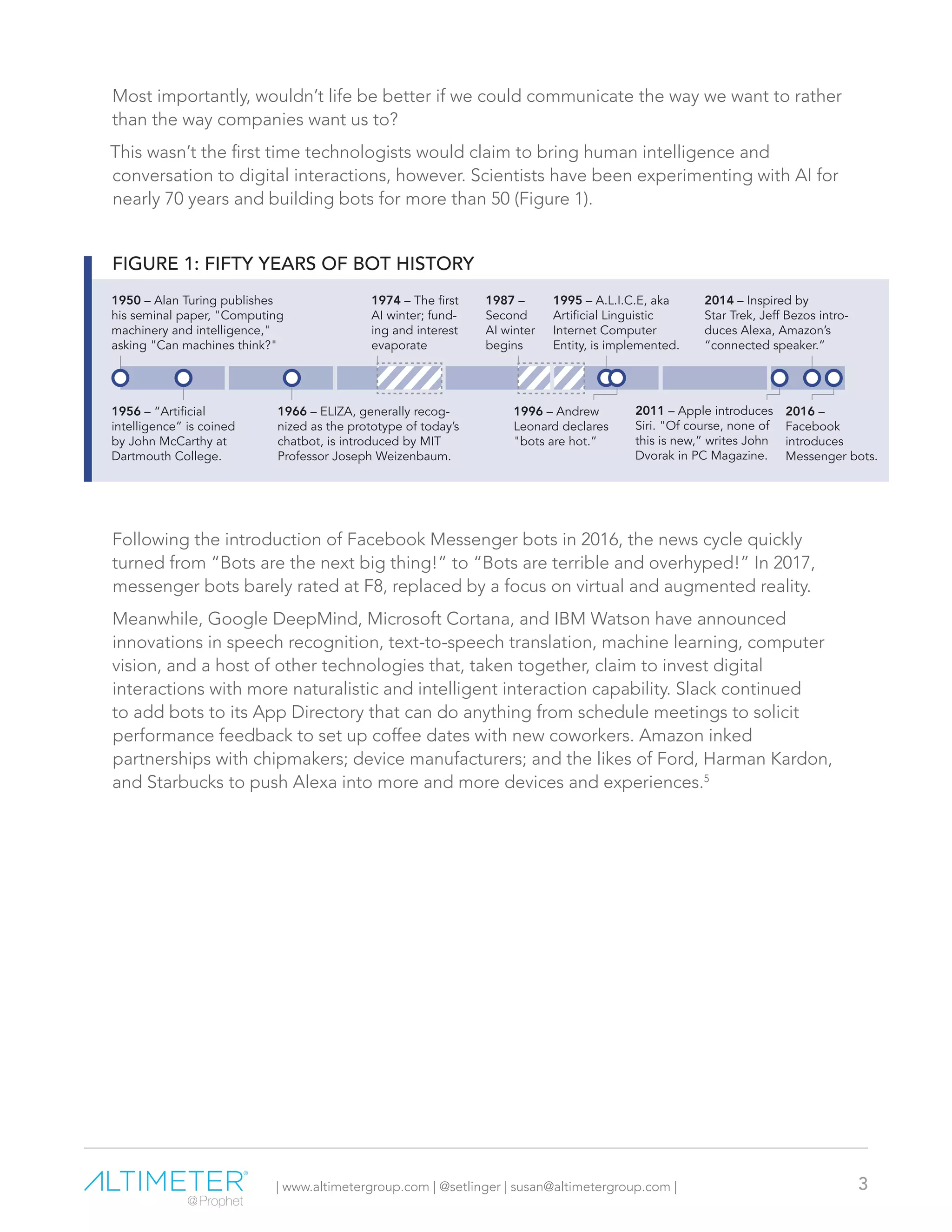 | www.altimetergroup.com | @setlinger | susan@altimetergroup.com | 3
Most importantly, wouldn’t life be better if we could communicate the way we want to rather
than the way companies want us to?
This wasn’t the first time technologists would claim to bring human intelligence and
conversation to digital interactions, however. Scientists have been experimenting with AI for
nearly 70 years and building bots for more than 50 (Figure 1).
FIGURE 1: FIFTY YEARS OF BOT HISTORY
Following the introduction of Facebook Messenger bots in 2016, the news cycle quickly
turned from “Bots are the next big thing!” to “Bots are terrible and overhyped!” In 2017,
messenger bots barely rated at F8, replaced by a focus on virtual and augmented reality.
Meanwhile, Google DeepMind, Microsoft Cortana, and IBM Watson have announced
innovations in speech recognition, text-to-speech translation, machine learning, computer
vision, and a host of other technologies that, taken together, claim to invest digital
interactions with more naturalistic and intelligent interaction capability. Slack continued
to add bots to its App Directory that can do anything from schedule meetings to solicit
performance feedback to set up coffee dates with new coworkers. Amazon inked
partnerships with chipmakers; device manufacturers; and the likes of Ford, Harman Kardon,
and Starbucks to push Alexa into more and more devices and experiences.5
1950 – Alan Turing publishes
his seminal paper, "Computing
machinery and intelligence,"
asking "Can machines think?"
1956 – “Artificial
intelligence” is coined
by John McCarthy at
Dartmouth College.
1966 – ELIZA, generally recog-
nized as the prototype of today’s
chatbot, is introduced by MIT
Professor Joseph Weizenbaum.
1995 – A.L.I.C.E, aka
Artificial Linguistic
Internet Computer
Entity, is implemented.
1996 – Andrew
Leonard declares
"bots are hot.”
2011 – Apple introduces
Siri. "Of course, none of
this is new,” writes John
Dvorak in PC Magazine.
2014 – Inspired by
Star Trek, Jeff Bezos intro-
duces Alexa, Amazon’s
“connected speaker.”
2016 –
Facebook
introduces
Messenger bots.
1987 –
Second
AI winter
begins
1974 – The first
AI winter; fund-
ing and interest
evaporate
 