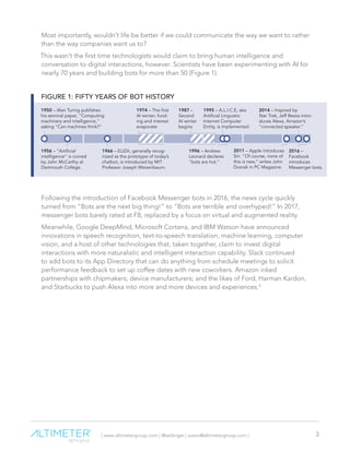| www.altimetergroup.com | @setlinger | susan@altimetergroup.com | 3
Most importantly, wouldn’t life be better if we could communicate the way we want to rather
than the way companies want us to?
This wasn’t the first time technologists would claim to bring human intelligence and
conversation to digital interactions, however. Scientists have been experimenting with AI for
nearly 70 years and building bots for more than 50 (Figure 1).
FIGURE 1: FIFTY YEARS OF BOT HISTORY
Following the introduction of Facebook Messenger bots in 2016, the news cycle quickly
turned from “Bots are the next big thing!” to “Bots are terrible and overhyped!” In 2017,
messenger bots barely rated at F8, replaced by a focus on virtual and augmented reality.
Meanwhile, Google DeepMind, Microsoft Cortana, and IBM Watson have announced
innovations in speech recognition, text-to-speech translation, machine learning, computer
vision, and a host of other technologies that, taken together, claim to invest digital
interactions with more naturalistic and intelligent interaction capability. Slack continued
to add bots to its App Directory that can do anything from schedule meetings to solicit
performance feedback to set up coffee dates with new coworkers. Amazon inked
partnerships with chipmakers; device manufacturers; and the likes of Ford, Harman Kardon,
and Starbucks to push Alexa into more and more devices and experiences.5
1950 – Alan Turing publishes
his seminal paper, "Computing
machinery and intelligence,"
asking "Can machines think?"
1956 – “Artificial
intelligence” is coined
by John McCarthy at
Dartmouth College.
1966 – ELIZA, generally recog-
nized as the prototype of today’s
chatbot, is introduced by MIT
Professor Joseph Weizenbaum.
1995 – A.L.I.C.E, aka
Artificial Linguistic
Internet Computer
Entity, is implemented.
1996 – Andrew
Leonard declares
"bots are hot.”
2011 – Apple introduces
Siri. "Of course, none of
this is new,” writes John
Dvorak in PC Magazine.
2014 – Inspired by
Star Trek, Jeff Bezos intro-
duces Alexa, Amazon’s
“connected speaker.”
2016 –
Facebook
introduces
Messenger bots.
1987 –
Second
AI winter
begins
1974 – The first
AI winter; fund-
ing and interest
evaporate
 