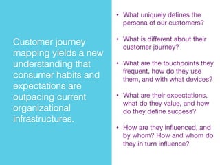 Customer journey
mapping yields a new
understanding that
consumer habits and
expectations are
outpacing current
organizational
infrastructures. !
As consumption habits shift,
brands require media ubiquity!
•  What uniquely deﬁnes the
persona of our customers?
•  What is diﬀerent about their
customer journey?
•  What are the touchpoints they
frequent, how do they use
them, and with what devices?
•  What are their expectations,
what do they value, and how
do they deﬁne success?
•  How are they inﬂuenced, and
by whom? How and whom do
they in turn inﬂuence?
 