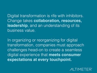 Digital transformation is rife with inhibitors.
Change takes collaboration, resources,
leadership, and an understanding of its
business value. !
!
In organizing or reorganizing for digital
transformation, companies must approach
challenges head-on to create a seamless !
digital experience that meets consumer
expectations at every touchpoint."
 