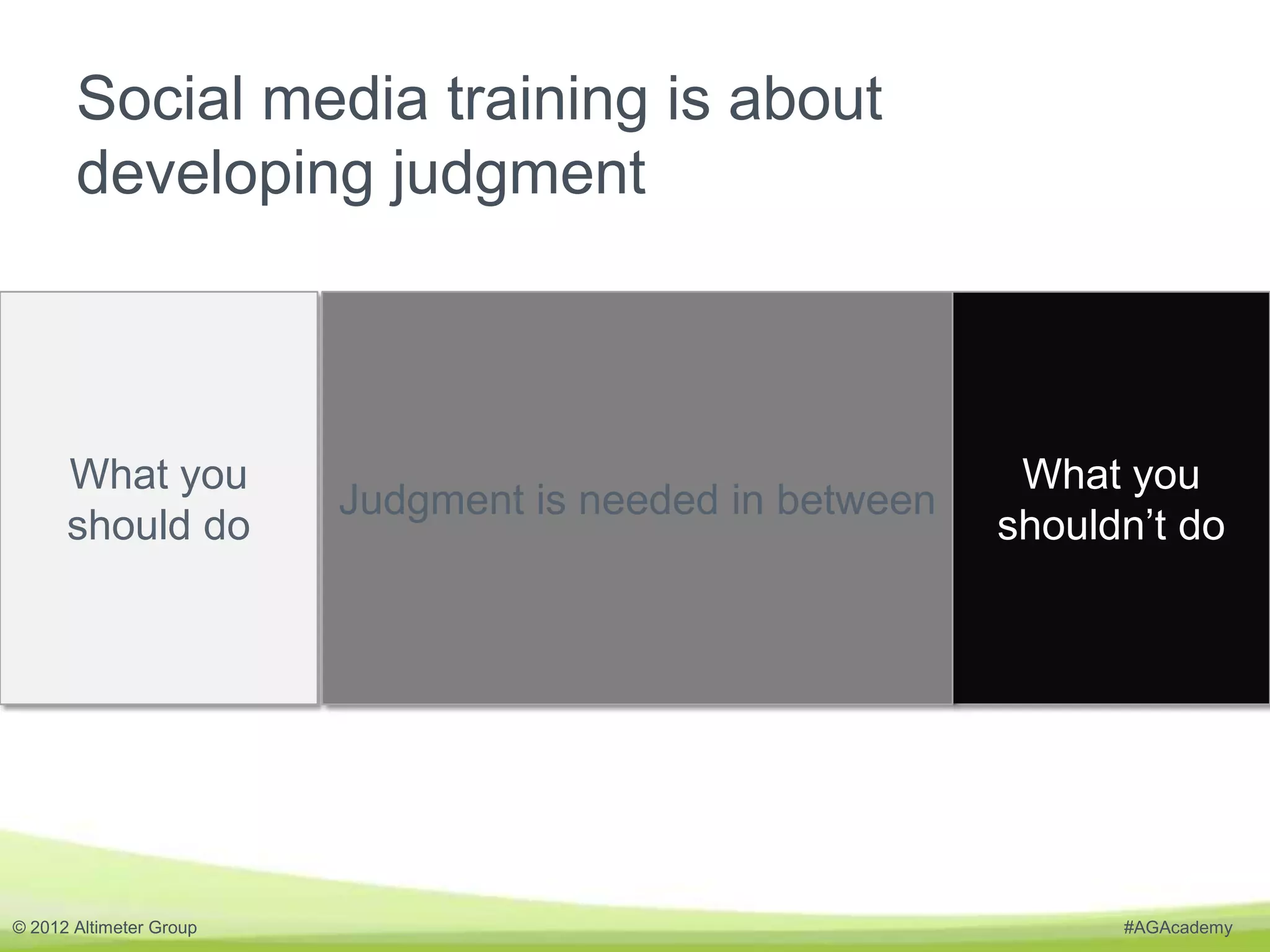 Social media training is about
       developing judgment



      What you                                            What you
                         Judgment is needed in between
      should do                                          shouldn’t do




© 2012 Altimeter Group                                         #AGAcademy
 