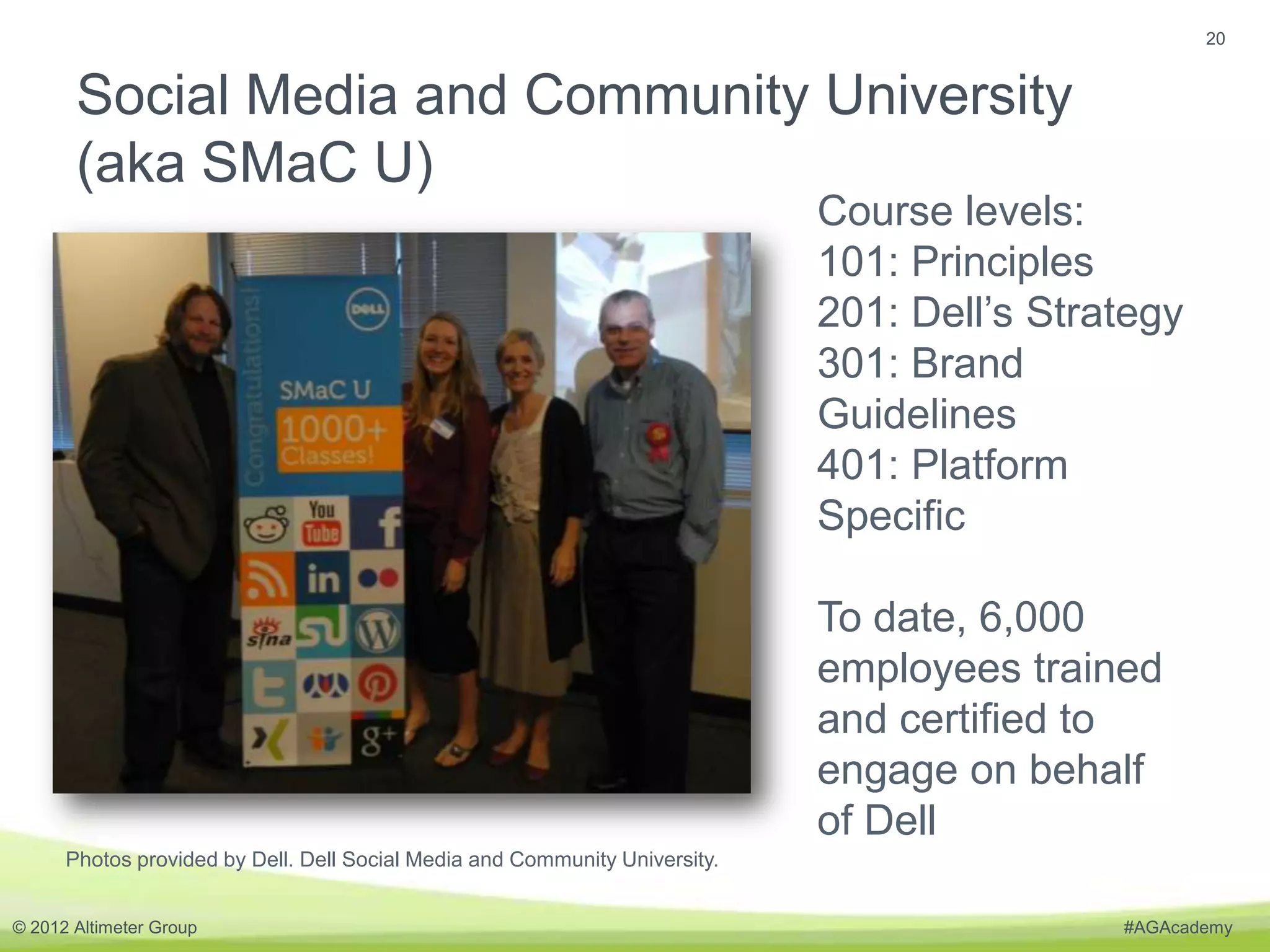 20


       Social Media and Community University
       (aka SMaC U)
                                                                             Course levels:
                                                                             101: Principles
                                                                             201: Dell’s Strategy
                                                                             301: Brand
                                                                             Guidelines
                                                                             401: Platform
                                                                             Specific

                                                                             To date, 6,000
                                                                             employees trained
                                                                             and certified to
                                                                             engage on behalf
                                                                             of Dell
      Photos provided by Dell. Dell Social Media and Community University.


© 2012 Altimeter Group                                                                       #AGAcademy
 