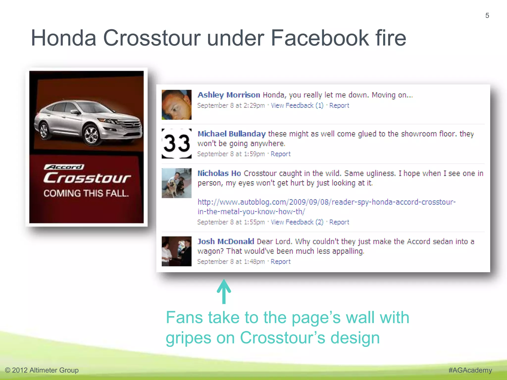 5


       Honda Crosstour under Facebook fire




                         Fans take to the page’s wall with
                         gripes on Crosstour’s design
© 2012 Altimeter Group                                       #AGAcademy
 