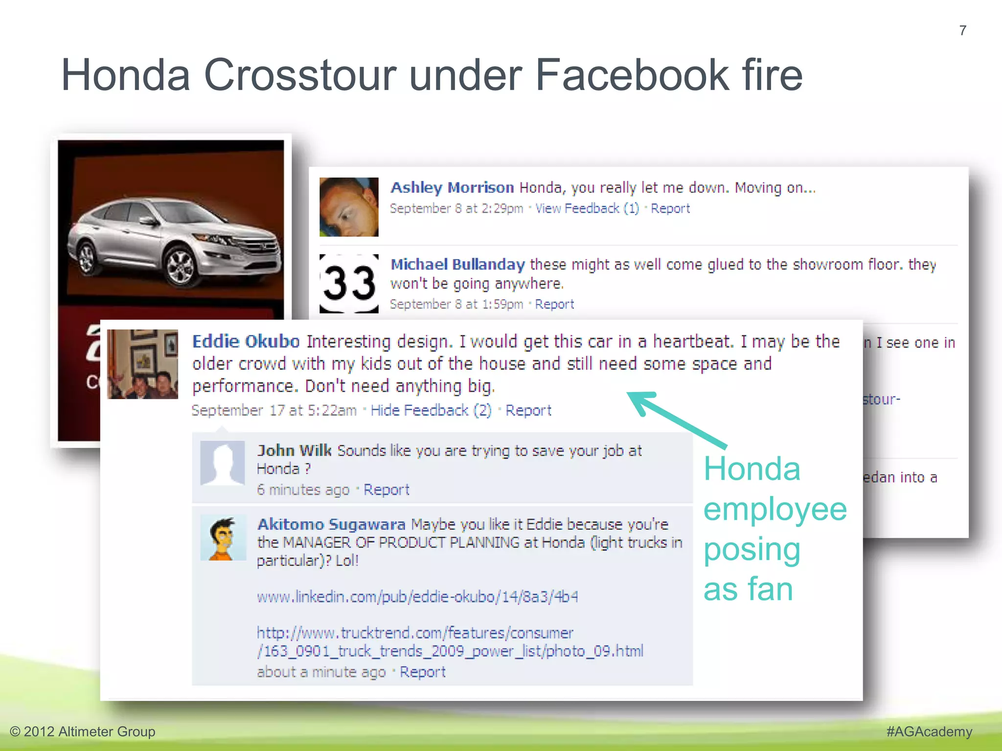 7


       Honda Crosstour under Facebook fire




                                     Honda
                                     employee
                                     posing
                                     as fan



© 2012 Altimeter Group                          #AGAcademy
 