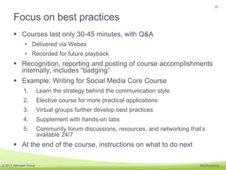 25


       Focus on best practices
        Courses last only 30-45 minutes, with Q&A
               • Delivered via Webe...