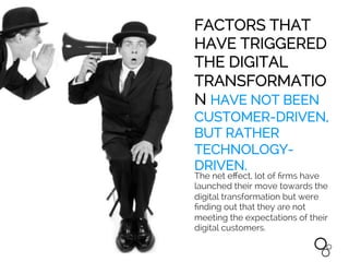 WE
ARE OXYGN
Enterprise Digital Transformation
FACTORS THAT
HAVE TRIGGERED
THE DIGITAL
TRANSFORMATIO
N HAVE NOT BEEN
CUSTOMER-DRIVEN,
BUT RATHER
TECHNOLOGY-
DRIVEN.
The net eﬀect, lot of ﬁrms have
launched their move towards the
digital transformation but were
ﬁnding out that they are not
meeting the expectations of their
digital customers.
 