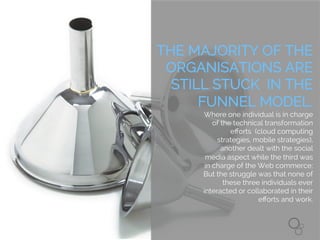 WE
ARE OXYGN
Enterprise Digital Transformation
THE MAJORITY OF THE
ORGANISATIONS ARE
STILL STUCK IN THE
FUNNEL MODEL.
Where one individual is in charge
of the technical transformation
eﬀorts (cloud computing
strategies, mobile strategies),
another dealt with the social
media aspect while the third was
in charge of the Web commerce;
But the struggle was that none of
these three individuals ever
interacted or collaborated in their
eﬀorts and work.
 