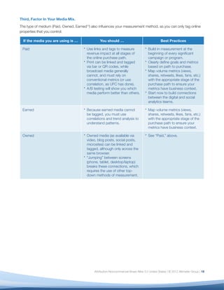 Third, Factor In Your Media Mix.
The type of medium (Paid, Owned, Earned13) also inﬂuences your measurement method, as you can only tag online
properties that you control.

  If the media you are using is …                You should …                                   Best Practices

 Paid                                   Use links and tags to measure                 Build in measurement at the
                                        revenue impact at all stages of               beginning of every signiﬁcant
                                        the online purchase path.                     campaign or program.
                                        Print can be linked and tagged                Clearly deﬁne goals and metrics
                                        via bar or QR codes, while                    based on path to purchase.
                                        broadcast media generally                     Map volume metrics (views,
                                        cannot, and must rely on                      shares, retweets, likes, fans, etc.)
                                        conventional metrics (or use                  with the appropriate stage of the
                                        correlation, as UFC has done).                purchase path to ensure your
                                        A/B testing will show you which               metrics have business context.
                                        media perform better than others.             Start now to build connections
                                                                                      between the digital and social
                                                                                      analytics teams.

 Earned                                 Because earned media cannot                   Map volume metrics (views,
                                        be tagged, you must use                       shares, retweets, likes, fans, etc.)
                                        correlations and trend analysis to            with the appropriate stage of the
                                        understand patterns.                          purchase path to ensure your
                                                                                      metrics have business context.

 Owned                                  Owned media (as available via                 See “Paid,” above.
                                        video, blog posts, social posts,
                                        microsites) can be linked and
                                        tagged, although only across the
                                        same browser.
                                        “Jumping” between screens
                                        (phone, tablet, desktop/laptop)
                                        breaks these connections, which
                                        requires the use of other top-
                                        down methods of measurement.




                                             Attribution-Noncommercial-Share Alike 3.0 United States | © 2012 Altimeter Group | 19
 