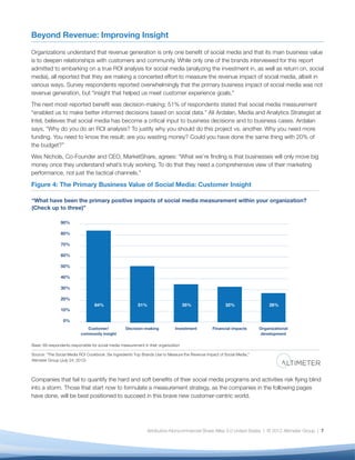 Beyond Revenue: Improving Insight

Organizations understand that revenue generation is only one beneﬁt of social media and that its main business value
is to deepen relationships with customers and community. While only one of the brands interviewed for this report
admitted to embarking on a true ROI analysis for social media (analyzing the investment in, as well as return on, social
media), all reported that they are making a concerted effort to measure the revenue impact of social media, albeit in
various ways. Survey respondents reported overwhelmingly that the primary business impact of social media was not
revenue generation, but “insight that helped us meet customer experience goals.”
The next most-reported beneﬁt was decision-making; 51% of respondents stated that social media measurement
“enabled us to make better informed decisions based on social data.” Ali Ardalan, Media and Analytics Strategist at
Intel, believes that social media has become a critical input to business decisions and to business cases. Ardalan
says, “Why do you do an ROI analysis? To justify why you should do this project vs. another. Why you need more
funding. You need to know the result; are you wasting money? Could you have done the same thing with 20% of
the budget?”
Wes Nichols, Co-Founder and CEO, MarketShare, agrees: “What we’re ﬁnding is that businesses will only move big
money once they understand what’s truly working. To do that they need a comprehensive view of their marketing
performance, not just the tactical channels.”

Figure 4: The Primary Business Value of Social Media: Customer Insight

“What have been the primary positive impacts of social media measurement within your organization?
(Check up to three)”

                90%

                80%

                70%

                60%

                50%

                40%

                30%

                20%
                                   84%                     51%                        35%                32%                 26%
                10%

                 0%
                              Customer/             Decision-making             Investment        Financial impacts      Organizational
                           community insight                                                                             development

Base: 69 respondents responsible for social media measurement in their organization

Source: “The Social Media ROI Cookbook: Six Ingredients Top Brands Use to Measure the Revenue Impact of Social Media,”
Altimeter Group (July 24, 2012)



Companies that fail to quantify the hard and soft beneﬁts of their social media programs and activities risk ﬂying blind
into a storm. Those that start now to formulate a measurement strategy, as the companies in the following pages
have done, will be best positioned to succeed in this brave new customer-centric world.




                                                                Attribution-Noncommercial-Share Alike 3.0 United States | © 2012 Altimeter Group | 7
 