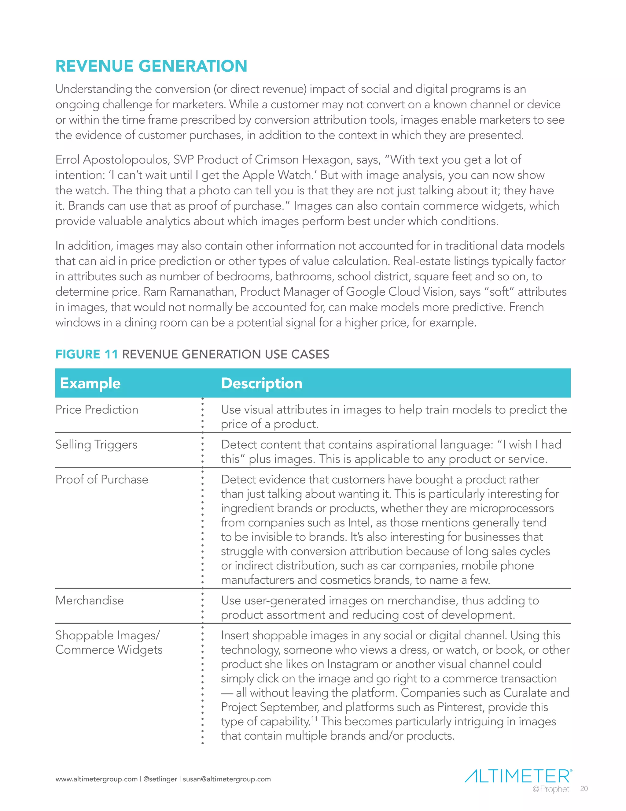 www.altimetergroup.com | @setlinger | susan@altimetergroup.com
20
REVENUE GENERATION
Understanding the conversion (or direct revenue) impact of social and digital programs is an
ongoing challenge for marketers. While a customer may not convert on a known channel or device
or within the time frame prescribed by conversion attribution tools, images enable marketers to see
the evidence of customer purchases, in addition to the context in which they are presented.
Errol Apostolopoulos, SVP Product of Crimson Hexagon, says, “With text you get a lot of
intention: ‘I can’t wait until I get the Apple Watch.’ But with image analysis, you can now show
the watch. The thing that a photo can tell you is that they are not just talking about it; they have
it. Brands can use that as proof of purchase.” Images can also contain commerce widgets, which
provide valuable analytics about which images perform best under which conditions.
In addition, images may also contain other information not accounted for in traditional data models
that can aid in price prediction or other types of value calculation. Real-estate listings typically factor
in attributes such as number of bedrooms, bathrooms, school district, square feet and so on, to
determine price. Ram Ramanathan, Product Manager of Google Cloud Vision, says “soft” attributes
in images, that would not normally be accounted for, can make models more predictive. French
windows in a dining room can be a potential signal for a higher price, for example.
Example Description
Price Prediction Use visual attributes in images to help train models to predict the
price of a product.
Selling Triggers Detect content that contains aspirational language: “I wish I had
this” plus images. This is applicable to any product or service.
Proof of Purchase Detect evidence that customers have bought a product rather
than just talking about wanting it. This is particularly interesting for
ingredient brands or products, whether they are microprocessors
from companies such as Intel, as those mentions generally tend
to be invisible to brands. It’s also interesting for businesses that
struggle with conversion attribution because of long sales cycles
or indirect distribution, such as car companies, mobile phone
manufacturers and cosmetics brands, to name a few.
Merchandise Use user-generated images on merchandise, thus adding to
product assortment and reducing cost of development.
Shoppable Images/
Commerce Widgets
Insert shoppable images in any social or digital channel. Using this
technology, someone who views a dress, or watch, or book, or other
product she likes on Instagram or another visual channel could
simply click on the image and go right to a commerce transaction
— all without leaving the platform. Companies such as Curalate and
Project September, and platforms such as Pinterest, provide this
type of capability.11
This becomes particularly intriguing in images
that contain multiple brands and/or products.
FIGURE 11 REVENUE GENERATION USE CASES
 