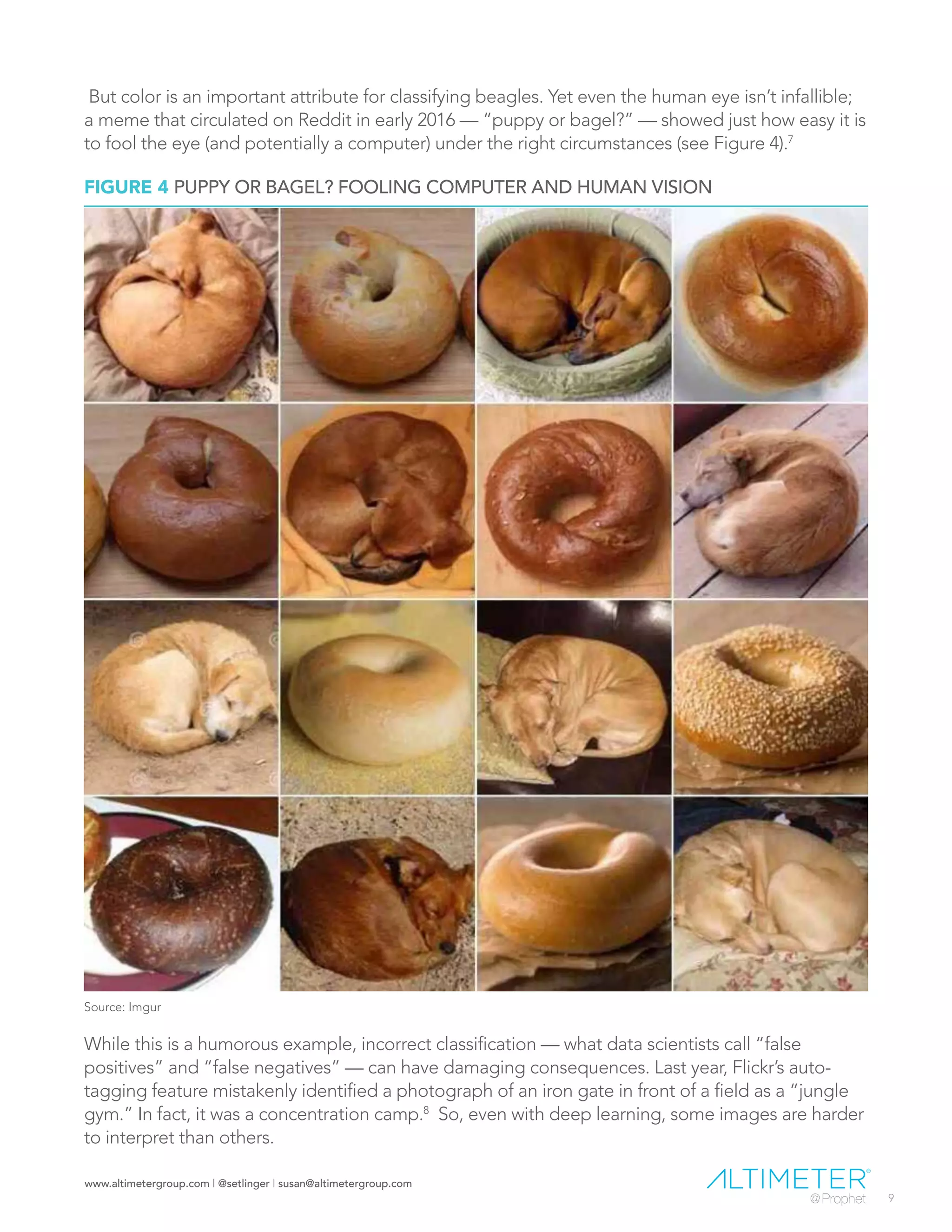 www.altimetergroup.com | @setlinger | susan@altimetergroup.com
9
But color is an important attribute for classifying beagles. Yet even the human eye isn’t infallible;
a meme that circulated on Reddit in early 2016 — “puppy or bagel?” — showed just how easy it is
to fool the eye (and potentially a computer) under the right circumstances (see Figure 4).7
While this is a humorous example, incorrect classification — what data scientists call “false
positives” and “false negatives” — can have damaging consequences. Last year, Flickr’s auto-
tagging feature mistakenly identified a photograph of an iron gate in front of a field as a “jungle
gym.” In fact, it was a concentration camp.8
So, even with deep learning, some images are harder
to interpret than others.
FIGURE 4 PUPPY OR BAGEL? FOOLING COMPUTER AND HUMAN VISION
Source: Imgur
 