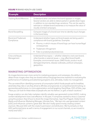 www.altimetergroup.com | @setlinger | susan@altimetergroup.com
18
Example Description
Tracking Brand Mentions Understand when and where the brand appears in images.
Several vendors are able to detect partial or upside-down logos
in addition to non-standard logo variations. This can be used to
estimate or validate brand awareness or to measure the value of
visually oriented campaigns.
Brand Storytelling Compare images of a brand over time to identify visual changes
in the brand story.
Brand and Trademark
Compliance
Understand whether logos and brand assets are being used in
compliance with brand guidelines. Examples:
•	 Pharma, in which misuse of brand logo can have human/legal
consequences
•	 Trademark infringement
•	 Fake or pirated products/services
Crisis and Issues
Management
Understand how topics — whether related to one’s own brand,
other brands or external issues — may affect brand health.
Examples: environmental issues, GMO foods, product recall,
damaged shipments, disease outbreaks, political campaigns,
geopolitics.
MARKETING OPTIMIZATION
As images become even more central to marketing programs and campaigns, the ability to
detect those images when they are shared without language becomes essential to evaluating the
performance of marketing and advertising programs and, ultimately, media mix management.
This can extend from identifying moments of consumption (which foods people eat for breakfast,
what bikes they ride or cars they drive) to affinities among brands, to competitive benchmarking, to
sponsorship performance, to micro-segmentation and ad targeting. David Rose, CEO of Ditto, says
“Now you can look for these tribes of people who are into fashion, or golf, or beach vacations.”
Image analytics can also help marketers identify valuable user-generated content (UGC), making
content development more cost-effective. In the past, if companies wanted to show a customer
using the product, they’d have to shoot the image themselves. Says Paul Piggott, Global Social
Media and Influencer Marketing Manager, Ultimate Ears, “We lean into user-generated content
[UGC] and influencer content a great deal. We don’t really spend money creating content
anymore. We post UGC with the creator’s permission and attribution. We found early on that
UGC performed twice as well in terms of engagement on our social channels, so we moved to
nearly total UGC.”
FIGURE 9 BRAND HEALTH USE CASES
 