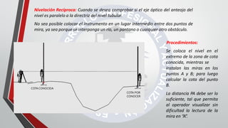 Nivelación Recíproca: Cuando se desea comprobar si el eje óptico del anteojo del
nivel es paralelo a la directriz del nivel tubular.
No sea posible colocar el instrumento en un lugar intermedio entre dos puntos de
mira, ya sea porque se interponga un río, un pantano o cualquier otro obstáculo.
Procedimientos:
Se coloca el nivel en el
extremo de la zona de cota
conocida, mientras se
instalan las miras en los
puntos A y B; para luego
calcular la cota del punto
B.
La distancia PA debe ser lo
suficiente, tal que permita
al operador visualizar sin
dificultad la lectura de la
mira en “A”.
p
B
COTA POR
CONOCER
A
COTACONOCIDA
 