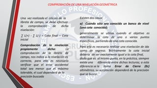 COMPROBACIÓN DE UNA NIVELACIÓN GEOMÉTRICA
Existen dos casos:
a) Cuando sólo sea conocido un banco de nivel
(una cota conocida):
generalmente se utiliza cuando el objetivo es
determinar la cota de uno o varios puntos
específicos, partiendo de una cota conocida.
Para ello es necesario realizar una nivelación de ida
como de regreso. Teóricamente la cota inicial
debería de ser exactamente igual a la cota final,
dado que es el mismo punto, en la práctica, siempre
existe una diferencia entre dichas lecturas; a esta
diferencia se le llama Error de Cierre (Ec)
altimétrico, su aceptación dependerá de la precisión
que se busca.
Una vez realizada el cálculo de la
libreta de campo, se debe efectuar
la comprobación de dicha
nivelación:
∑ L(+) - ∑ L(-) = Cota final – Cota
inicial
de la nivelación
dicha:
Comprobación
propiamente
comprobación
La
de la libreta de
campo, nos indica si la nivelación es
correcta, para ello es necesario
verificar que el error accidental
total sea menor que el máximo
tolerable, el cual dependerá de la
precisión buscada
 