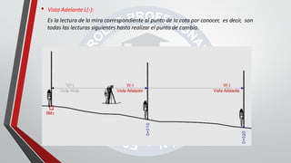 • Vista Adelante L(-):
Es la lectura de la mira correspondiente al punto de la cota por conocer, es decir, son
todas las lecturas siguientes hasta realizar el punto de cambio.
 