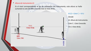 • Altura de Instrumento (i):
Es el nivel correspondiente al eje de colimación del Instrumento, esta altura se halla
sumando la cota del BM conocido más la Vista Atrás.
Ai (i) = Cota C. + V(+)
Donde:
Ai: Altura de Instrumento.
Cota C.: Cota Conocida.
V(+): Vista Atrás.
 