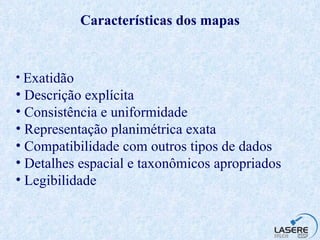 Características dos mapas Exatidão Descrição explícita Consistência e uniformidade Representação planimétrica exata Compatibilidade com outros tipos de dados Detalhes espacial e taxonômicos apropriados Legibilidade 
