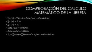 COMPROBACIÓN DEL CALCULO
MATEMÁTICO DE LA LIBRETA
• 𝐿(+) − 𝐿 − = 𝐶𝑜𝑡𝑎 𝑓𝑖𝑛𝑎𝑙 − 𝐶𝑜𝑡𝑎 𝑖𝑛𝑖𝑐𝑖𝑎𝑙
• 𝐿 + = 7.10
• 𝐿 − = 6.31
• 𝐶𝑜𝑡𝑎 𝑓𝑖𝑛𝑎𝑙 = 100.79𝑚
• 𝐶𝑜𝑡𝑎 𝑖𝑛𝑖𝑐𝑖𝑎𝑙 = 100.00𝑚
• 𝐸𝑐 = 𝐿(+) − 𝐿 − = 𝐶𝑜𝑡𝑎 𝑓𝑖𝑛𝑎𝑙 − 𝐶𝑜𝑡𝑎 𝑖𝑛𝑖𝑐𝑖𝑎𝑙
 