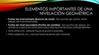 ELEMENTOS IMPORTANTES DE UNA
NIVELACIÓN GEOMÉTRICA
• Puntos de nivel primario (Bancos de nivel).- Son puntos de contro, estas
deben ser monumentadas
• Puntos de nivel secundario (Puntos de cambio).- Son puntos de apoyo, en
donde se coloca las miras para para efectuar las lecturas correspndientes.
• Vista atrás L(+).- Lectura hacia el punto conocido.
• Vista adelante L(-).- Lectura hacia el punto por conocer.
 