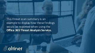 This threat scan summary is an
example to display how these findings
would be reported when using the
Office 365 Threat Analysis Service.
 