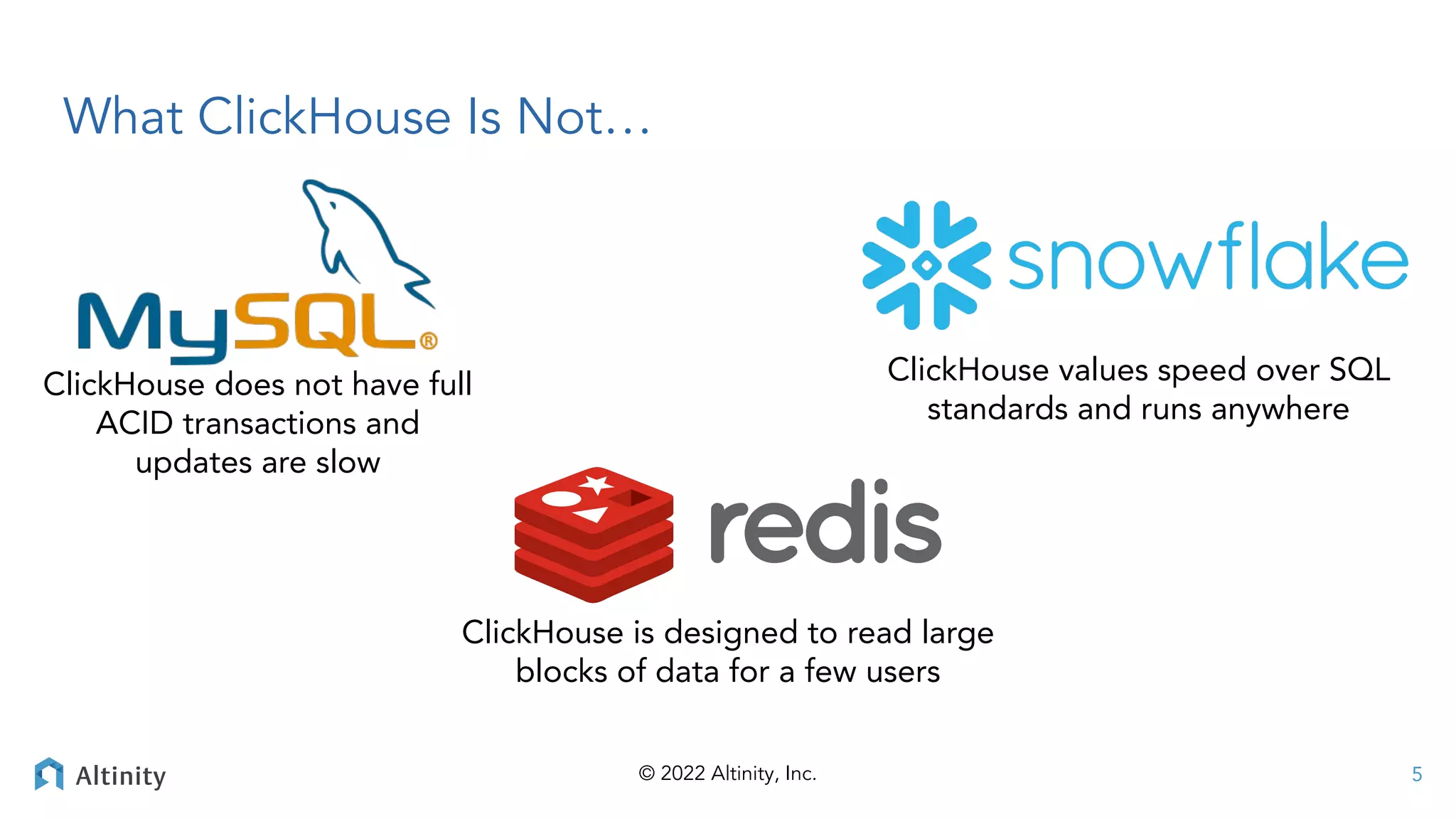 © 2022 Altinity, Inc.
What ClickHouse Is Not…
ClickHouse does not have full
ACID transactions and
updates are slow
ClickHouse is designed to read large
blocks of data for a few users
ClickHouse values speed over SQL
standards and runs anywhere
5
 