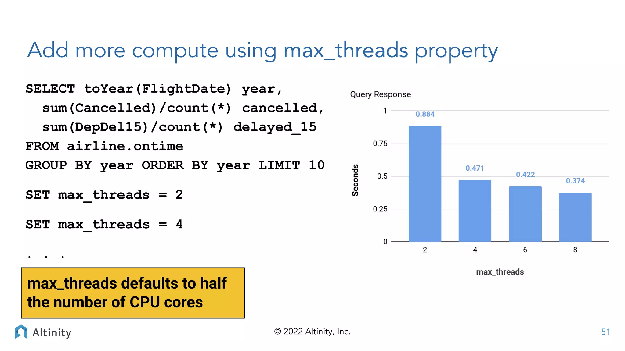 © 2022 Altinity, Inc.
Add more compute using max_threads property
SELECT toYear(FlightDate) year,
sum(Cancelled)/count(*) cancelled,
sum(DepDel15)/count(*) delayed_15
FROM airline.ontime
GROUP BY year ORDER BY year LIMIT 10
SET max_threads = 2
SET max_threads = 4
. . .
max_threads defaults to half
the number of CPU cores
51
 